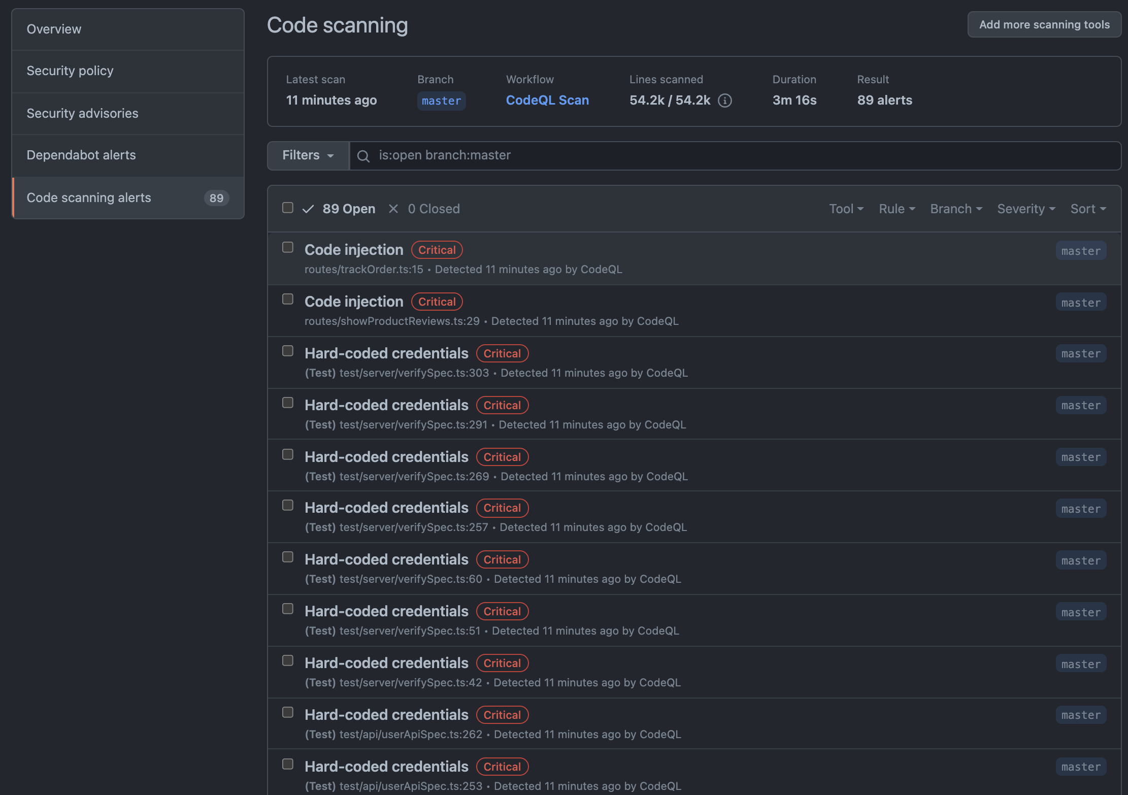 GitHub Advanced Security Dashboard