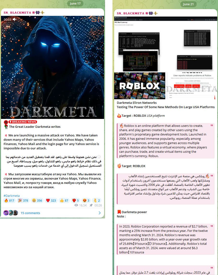 Figure 4: Darkmeta announcing attacks targeting highly visible organizations on its SN_BLACKMETA channel