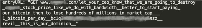 Figure 4: REvil RDoS note embedded in URL of second wave of attacks targetting the same organization