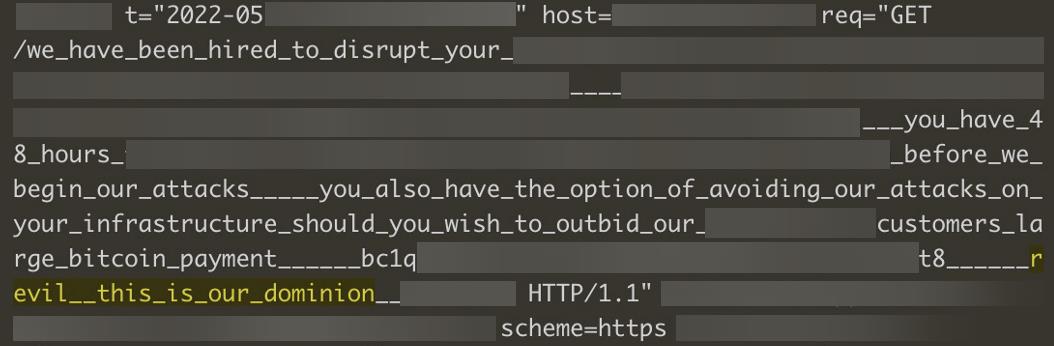 Figure 5: REvil RDoS note embedded in URL and recorded in server log files