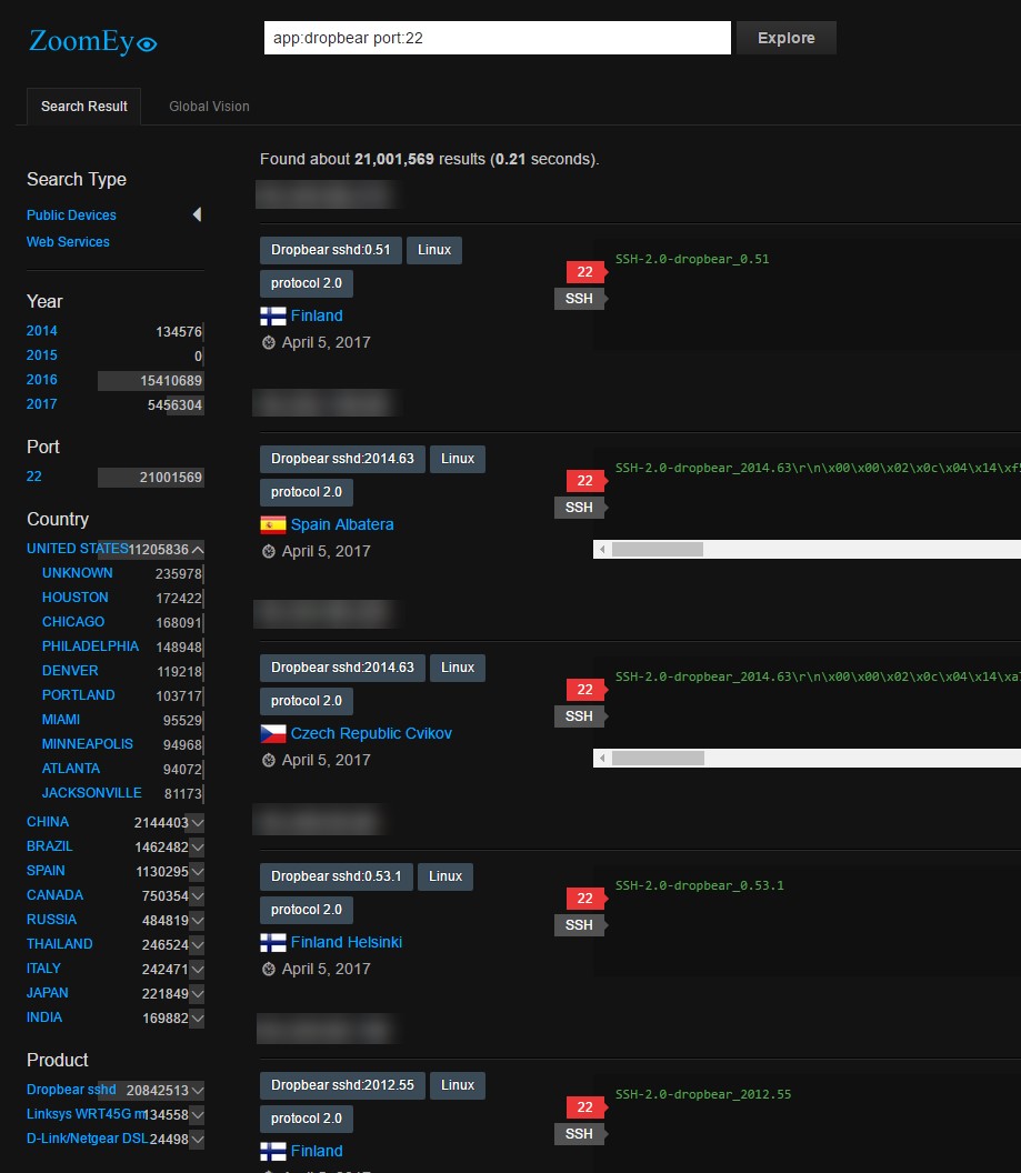 ZoomEye query for Dropbear, port 22 reveals 21 million IPs with almost 5.5 million discovered/updated in 2017