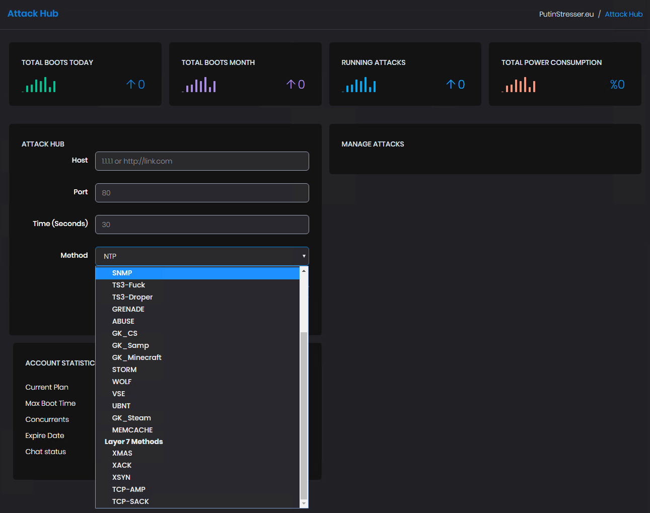 Attack vector dropdown menu from the attack hub