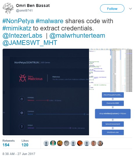 NotPetya appears to be sharing code with mimikatz