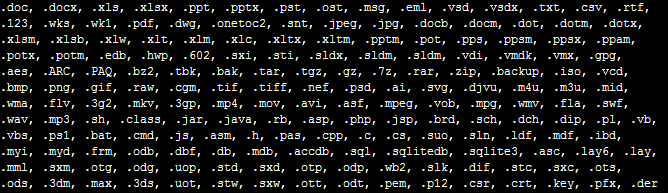 Filetypes that WannaCrypt targets for encryption