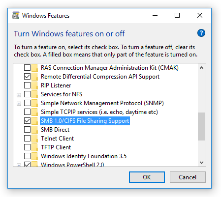 Uncheck SMB 1.0/CIFS File Sharing Support
