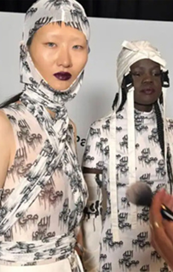Figure 1: Model wrapped in Arabic-scripted fabric behind the scenes of the Melbourne Fashion Festival runway show Source: Instagram / PayPal Australia