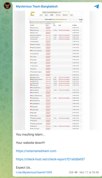 Figure 7: Mysterious Team Bangladesh claiming DDoS attack on Not A Man's Dream website Source: Telegram