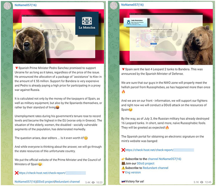 Figure 1: NoName057(16) claiming attacks against Spanish websites on Telegram (July 19, start of the campaign)