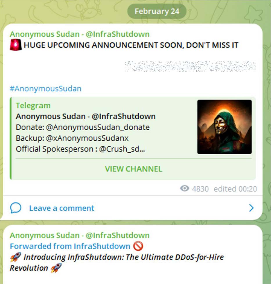 Figure 1: Pre-announcement and announcement of the InfraShutdown service (source: Telegram)