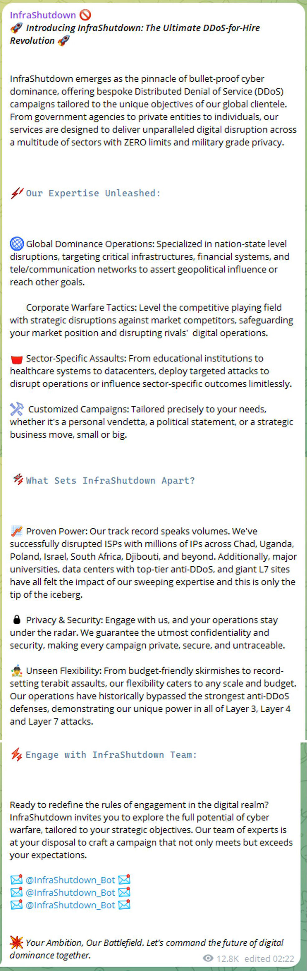 Figure 2: InfraShutdown service announcement (source: Telegram)