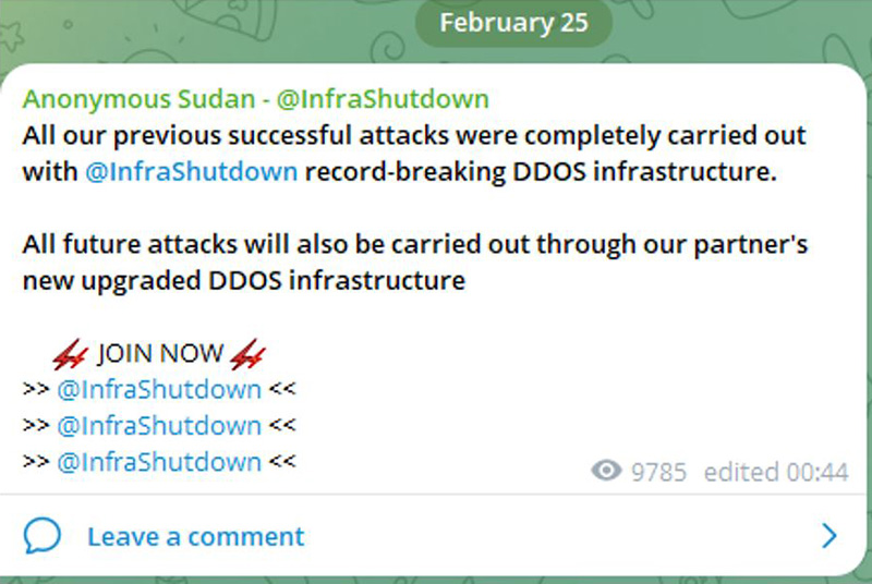 Figure 4: Advertising the services of InfraShutdown on its Telegram channel (source: Telegram)