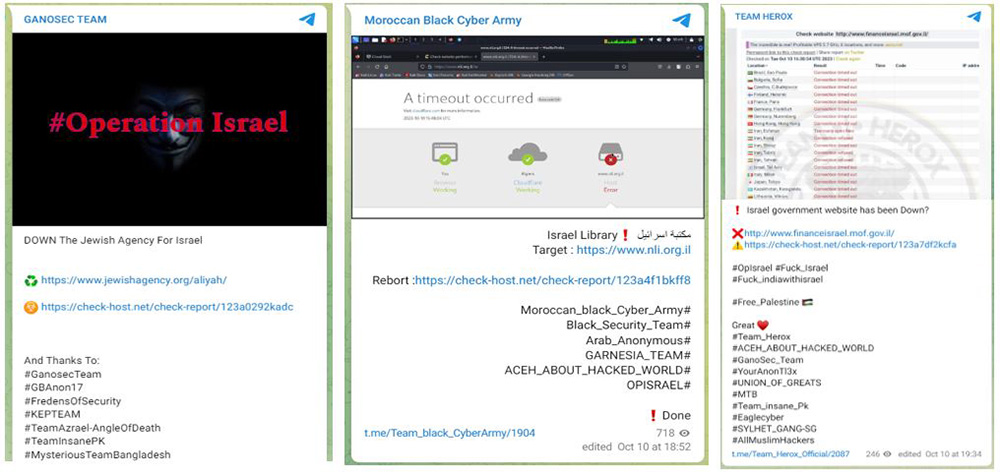 Figure 5: Telegram messages announcing attacks on Israeli sites