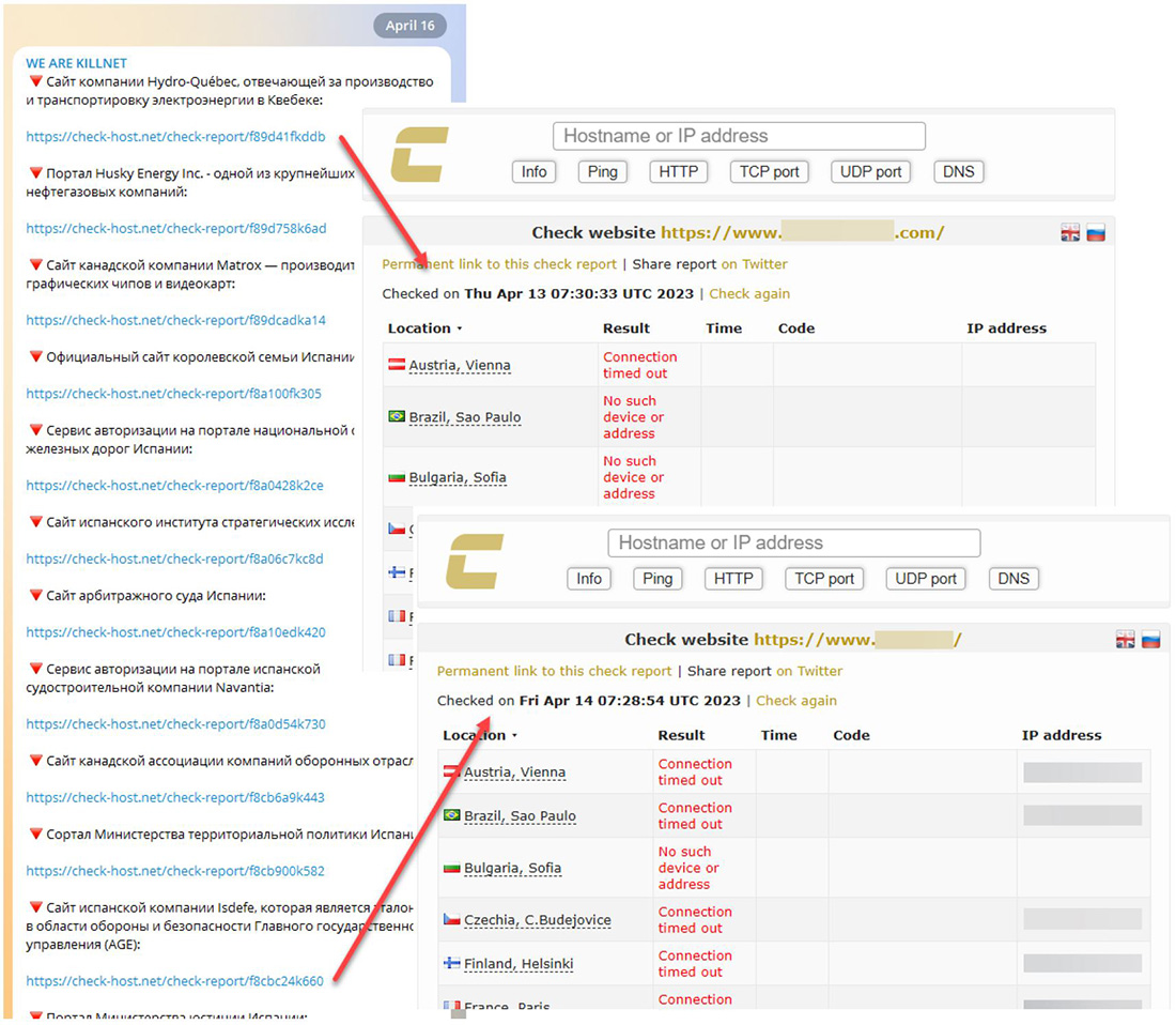 Figure 5: Killnet channel reposting collection of NoName057(16) attack reports from previous days