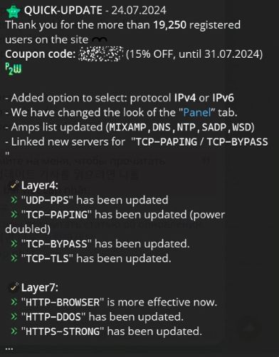 Figure 5 – Update showcasing advanced DDoS as a service capabilities (source: Telegram)