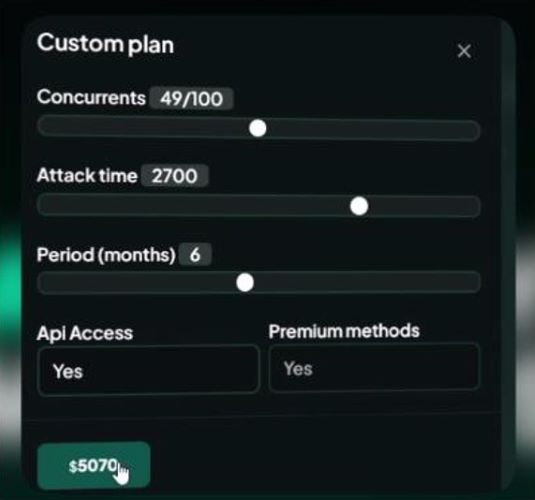 Figure 1: Screenshot of DDoS as a service tool (source: Telegram)