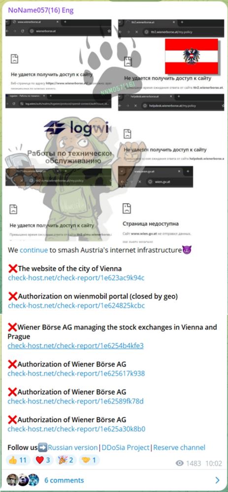 Figure 2: NoName057 claims an HTTPS flood attack on the Wiener Boerse AG managing the stock exchange in Vienna and Prague. The Check Host page shows the victim resources were offline