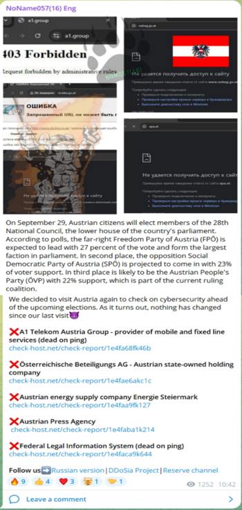 Figure 1: NoName057 claims attacks on Austrian sites and provides the motivation through Telegram