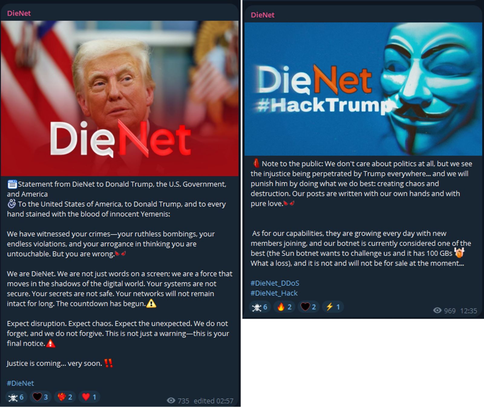 Figure 2: Messages by DieNet posted on March 16, 2025—during the peak of US-targeted claims—blaming President Trump for their actions. (source: Telegram)