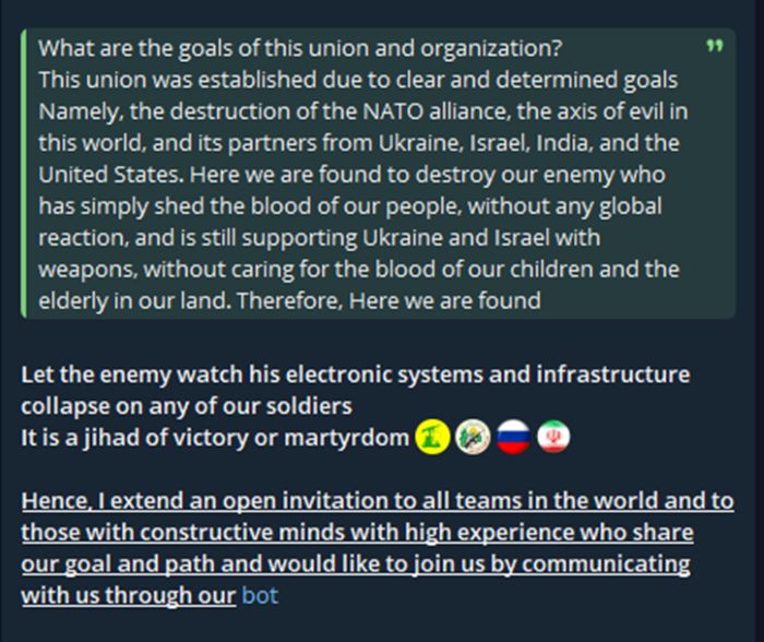 Figure 2: Motivation, threats and invitation to like-minded hacktivists by Holy League (source: Telegram)