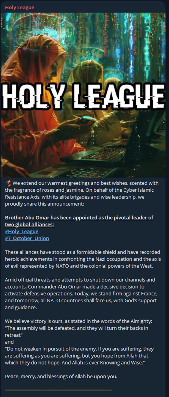 Figure 4: Brother Abu Omar appointed leader of Holy League and 7 October Union alliances (source: Telegram)