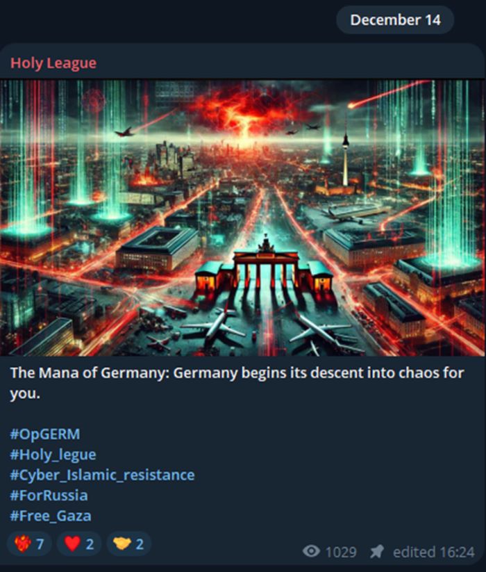 Figure 6: Holy League announcing attack campaign targeting Germany (source: Telegram)