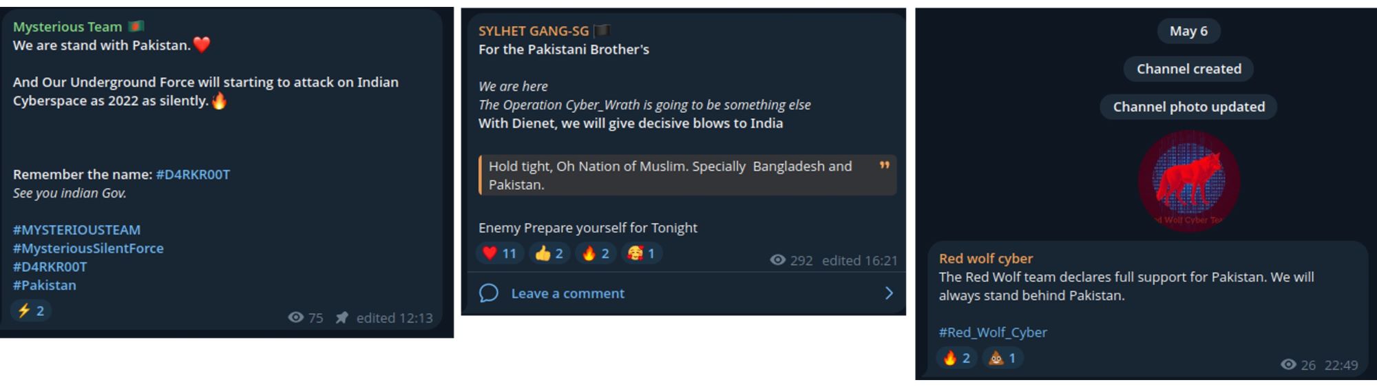 Figure 8: Groups pledging support for Pakistan and threatening India (source: Telegram)