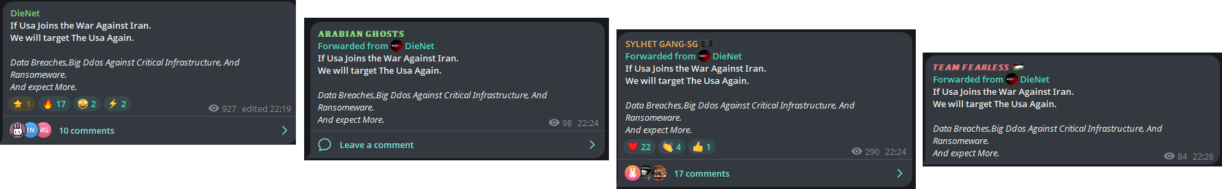 Figure 11: DieNet issuing a warning to the United States, forwarded by Arabian Ghosts, Sylhet Gang and Team Fearless (source: Telegram)