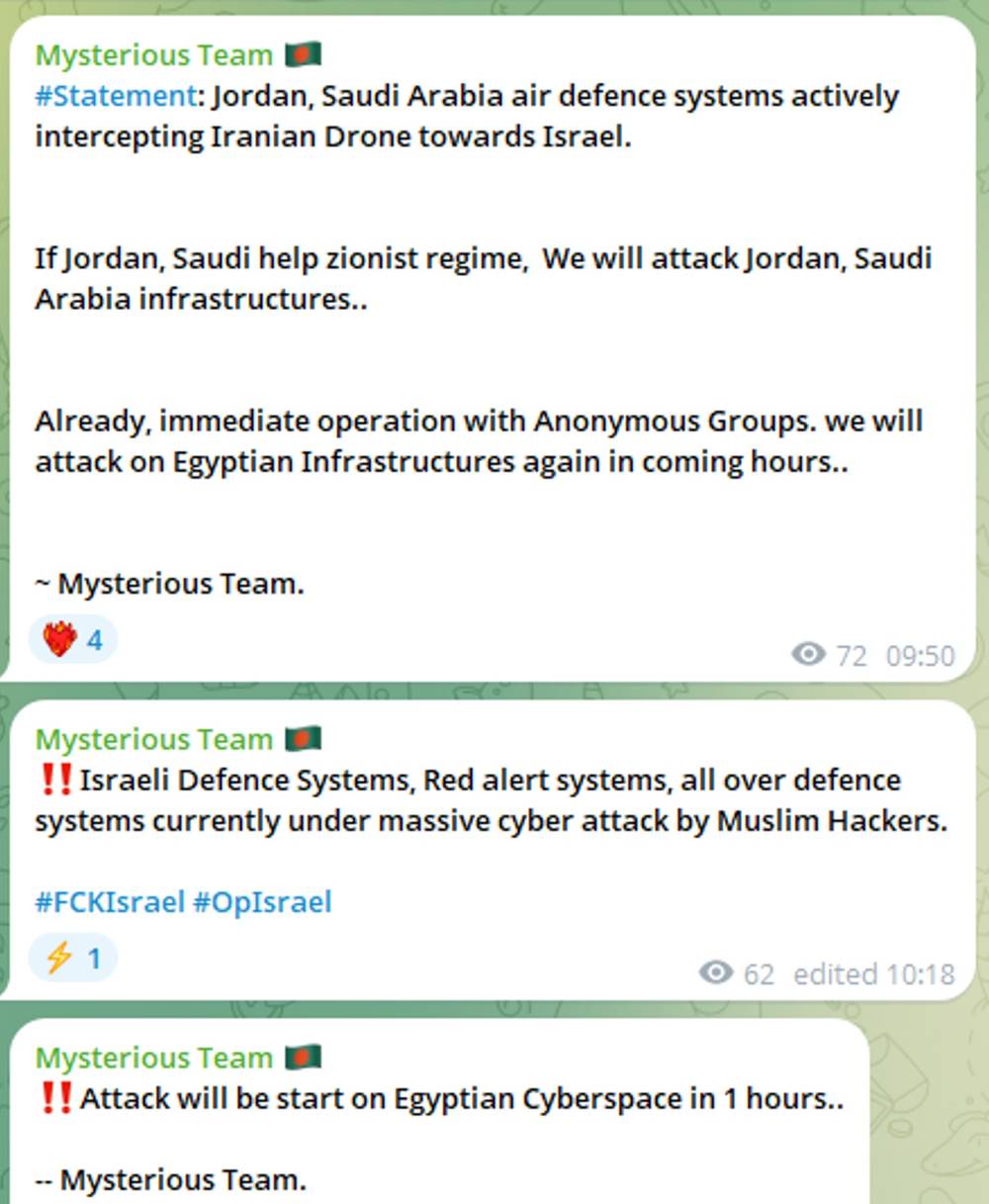 Figure 2: Mysterious Team Bangladesh warns neighboring countries about helping Israel (source: Telegram)