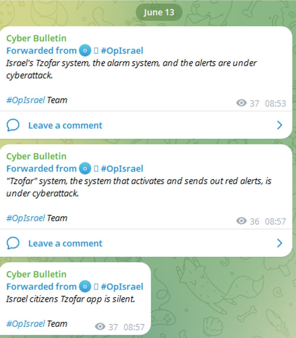 Figure 1: Israel alert system “Tzofar” under cyberattack (source: Telegram)