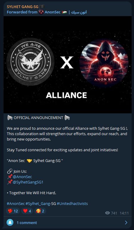 Figure 3: Official alliance statement by SYLHET GANG and AnonSec, dated April 5, 2025 (source: Telegram)