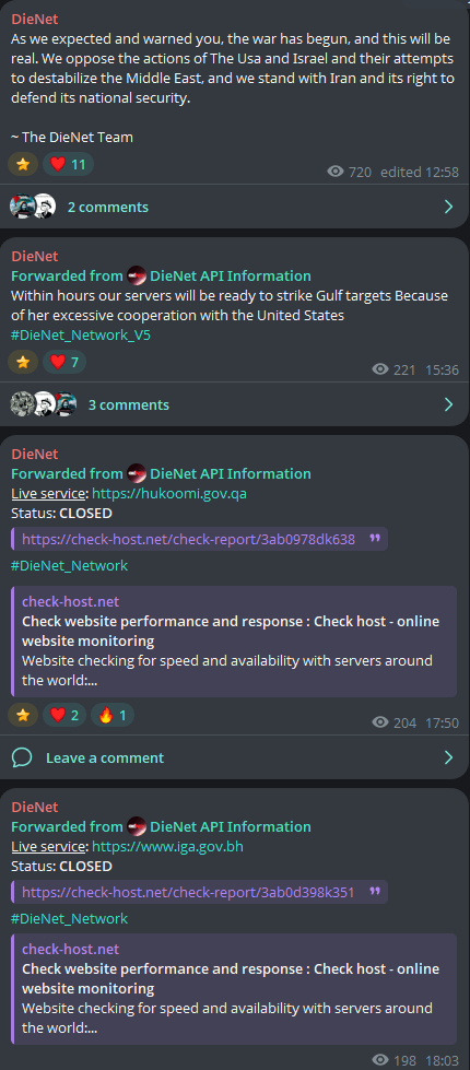 Figure 3: DieNet announcing imminent attacks on Gulf targets, followed by DDoS attack claims (source: Telegram)
