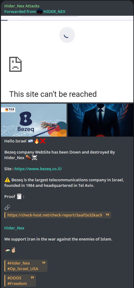 Figure 2: Hider Nex claiming the first DDoS attack on Telegram (source: Telegram)