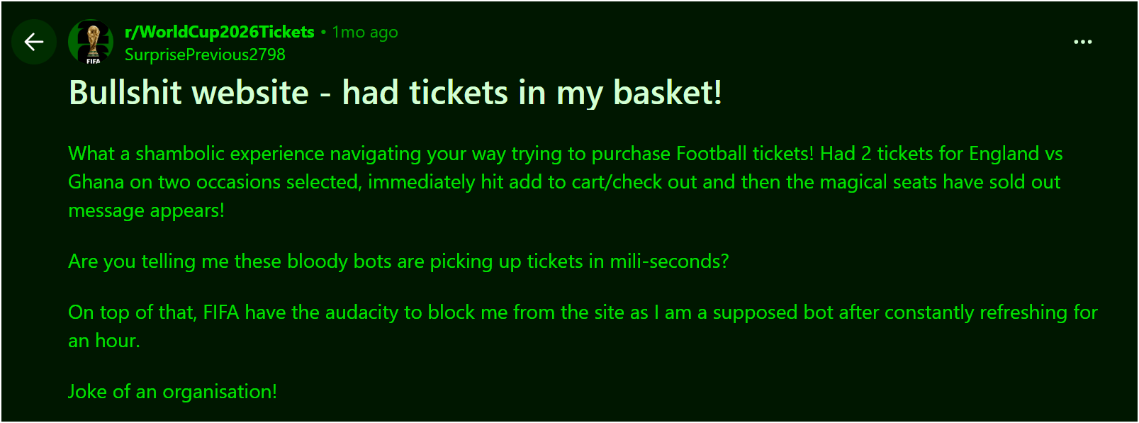Figure 1: One of the many threads that complain about ticket availability due to bots (source: Reddit)