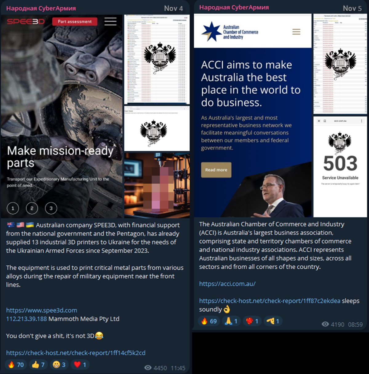 Figure 6: Attack claims posted by Cyber Army of Russia Reborn [source: Telegram]