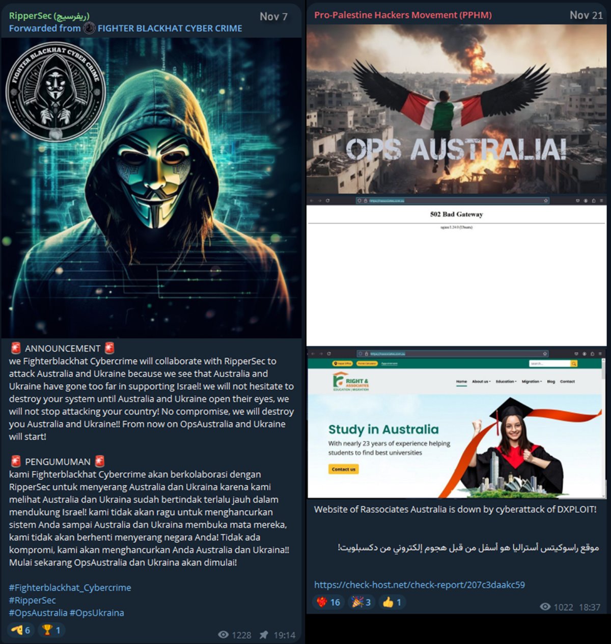 Figure 7: #OpsAustralia announcement and attack claims by RipperSec and the PPHM [source: Telegram]