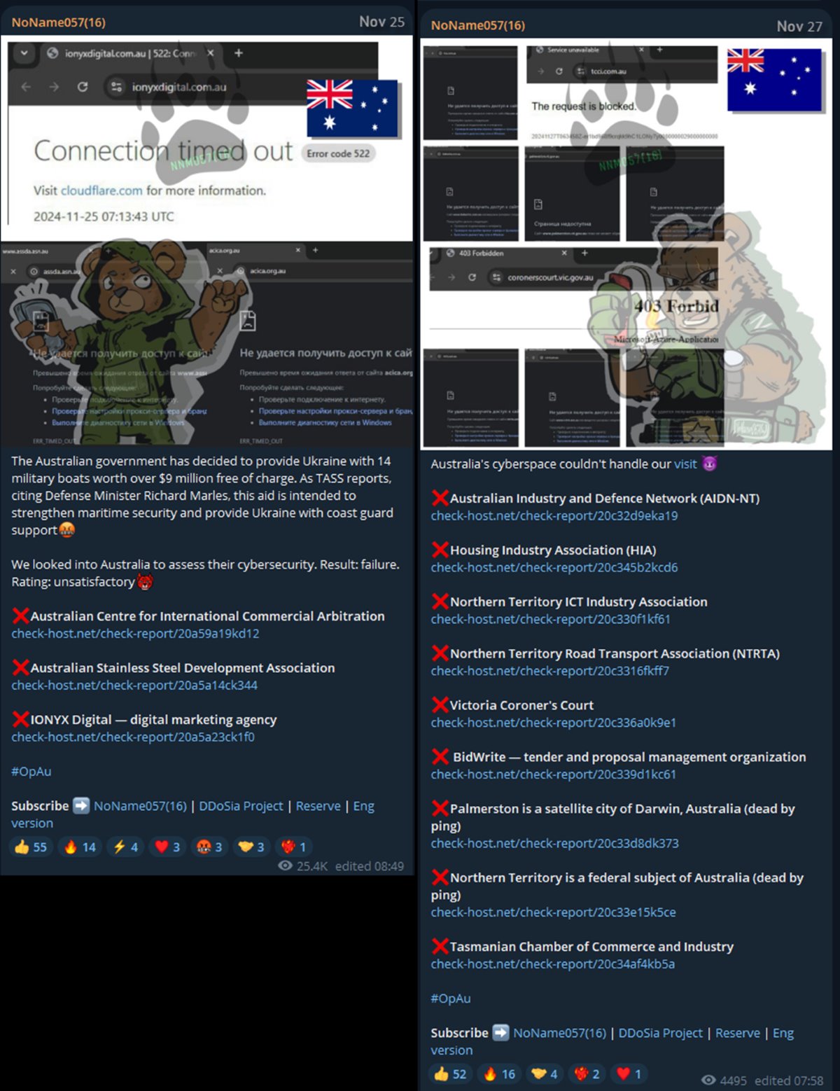 Figure 4: Attack motivations and claims posted by NoName057(16) [source: Telegram]