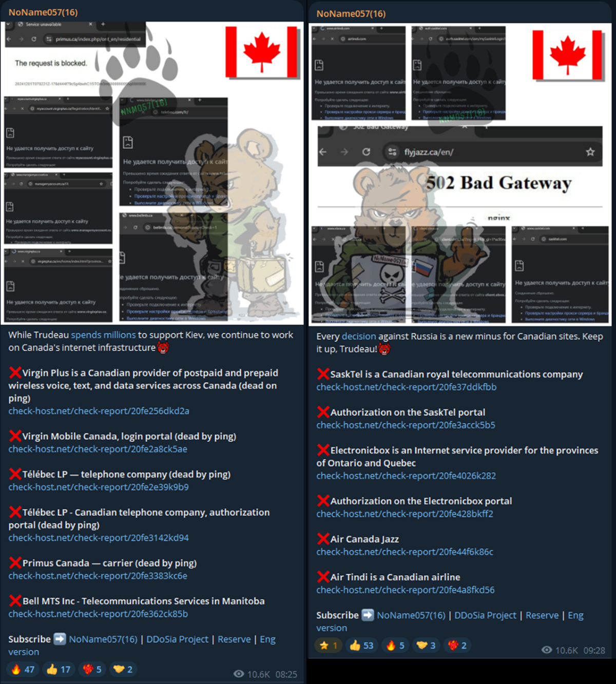 Figure 2: Attacks targeting Canada claimed by NoName057(16) on Sunday, December 1, 2024 [source: Telegram]