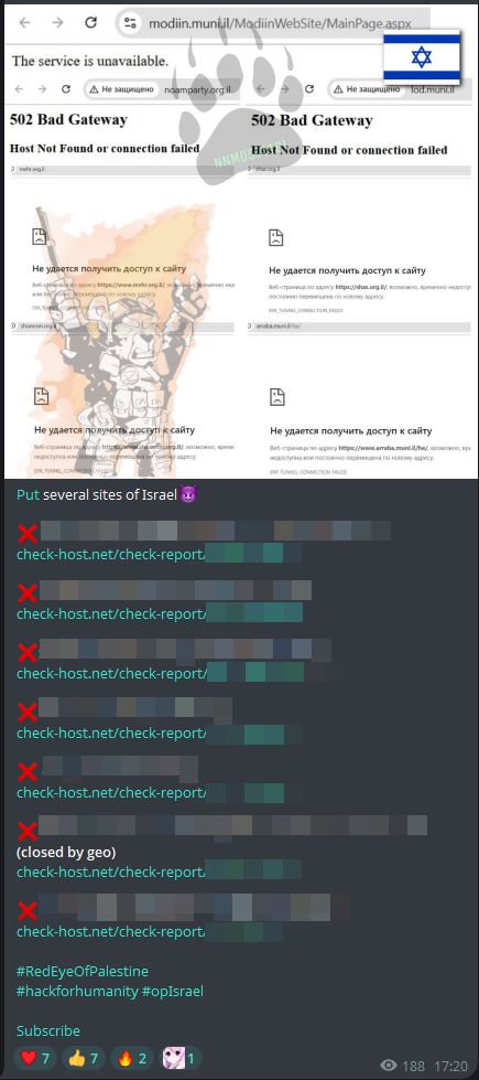 Figure 10: DDoS attack claims targeting Israel posted by NoName057(16) (source: Telegram)