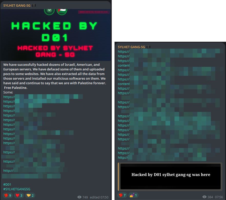 Figure 6: Sylhet Gang announcing the alleged hacking of dozens of Israeli, American and European servers (source: Telegram)