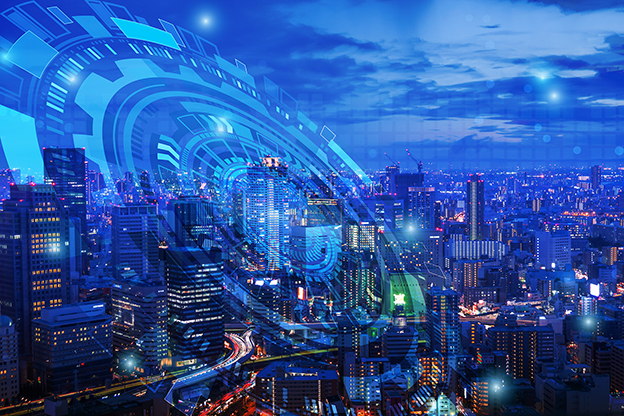 Double exposure of night cityscape with technology graphic design