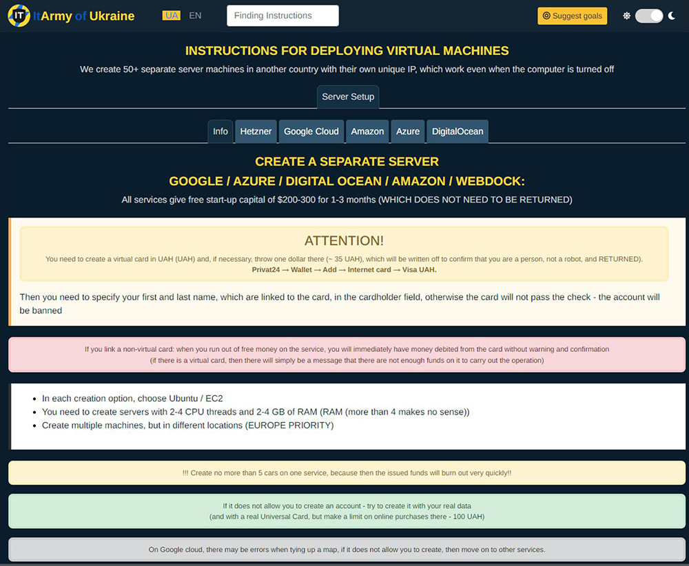 Figure 13: IT Army of Ukraine instructions to create and deploy virtual machines in several leading cloud providers