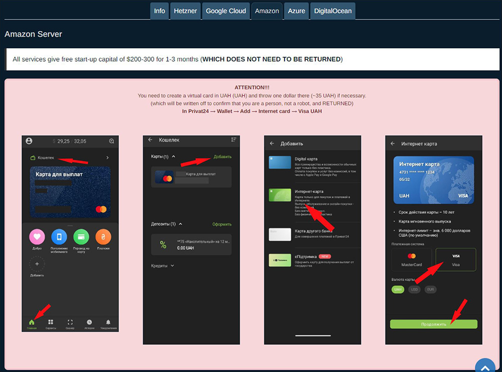 Figure 14: Detailed instructions how to use virtual credit cards to create a free trial in Amazon Cloud