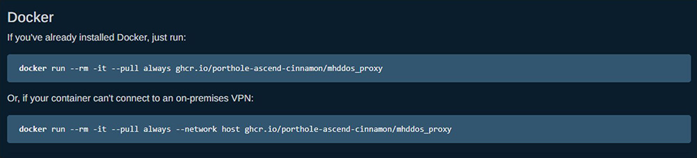 Figure 8: Commands to launch a docker instance running the official IT Army of Ukraine MHDDOS_Proxy attack tool