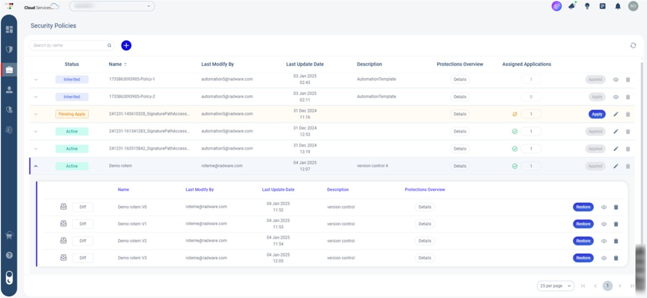 Image 3: Present Security Policy template with the last 5 versions