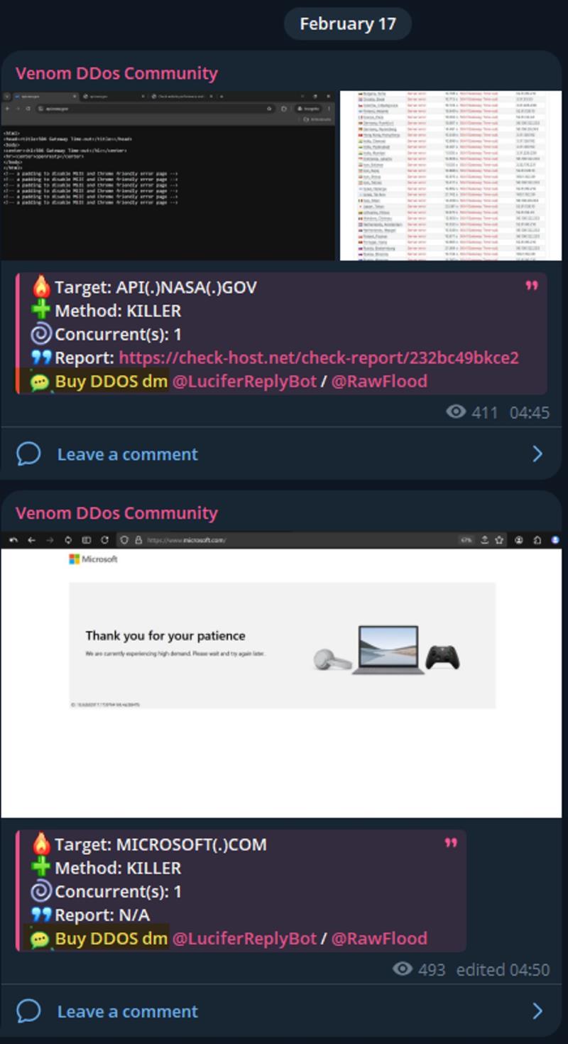 Figure 4: Venom DDoS messages posted on Telegram (source: Telegram)