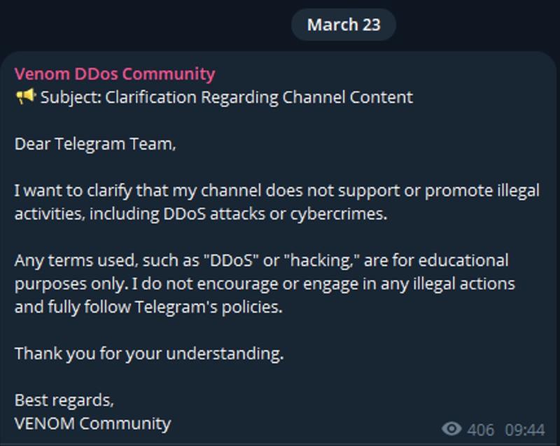 Figure 4: Venom DDoS messages posted on Telegram (source: Telegram)