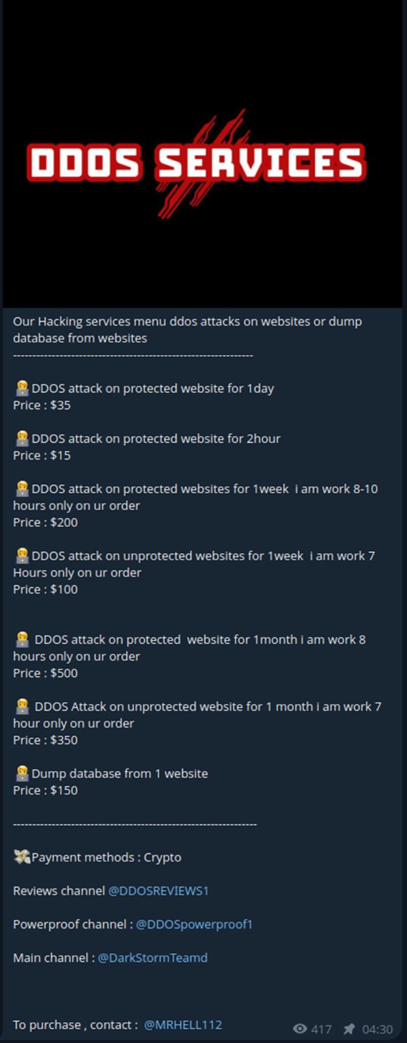 Figure 7: DDoS Services offered by Dark Storm Team on their Telegram channel (source: Telegram)