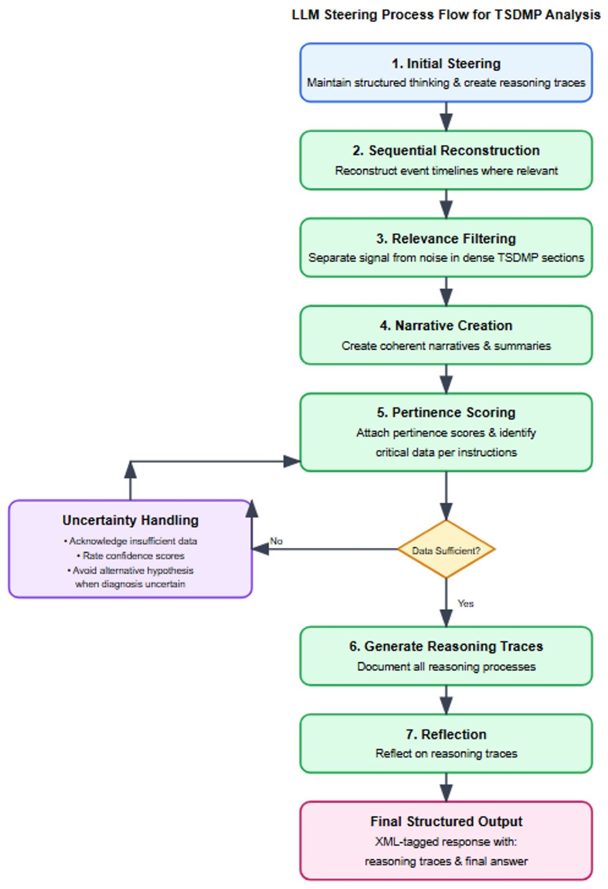 Figure 3: LLM Steering Process Flow for TSDMP Analysis