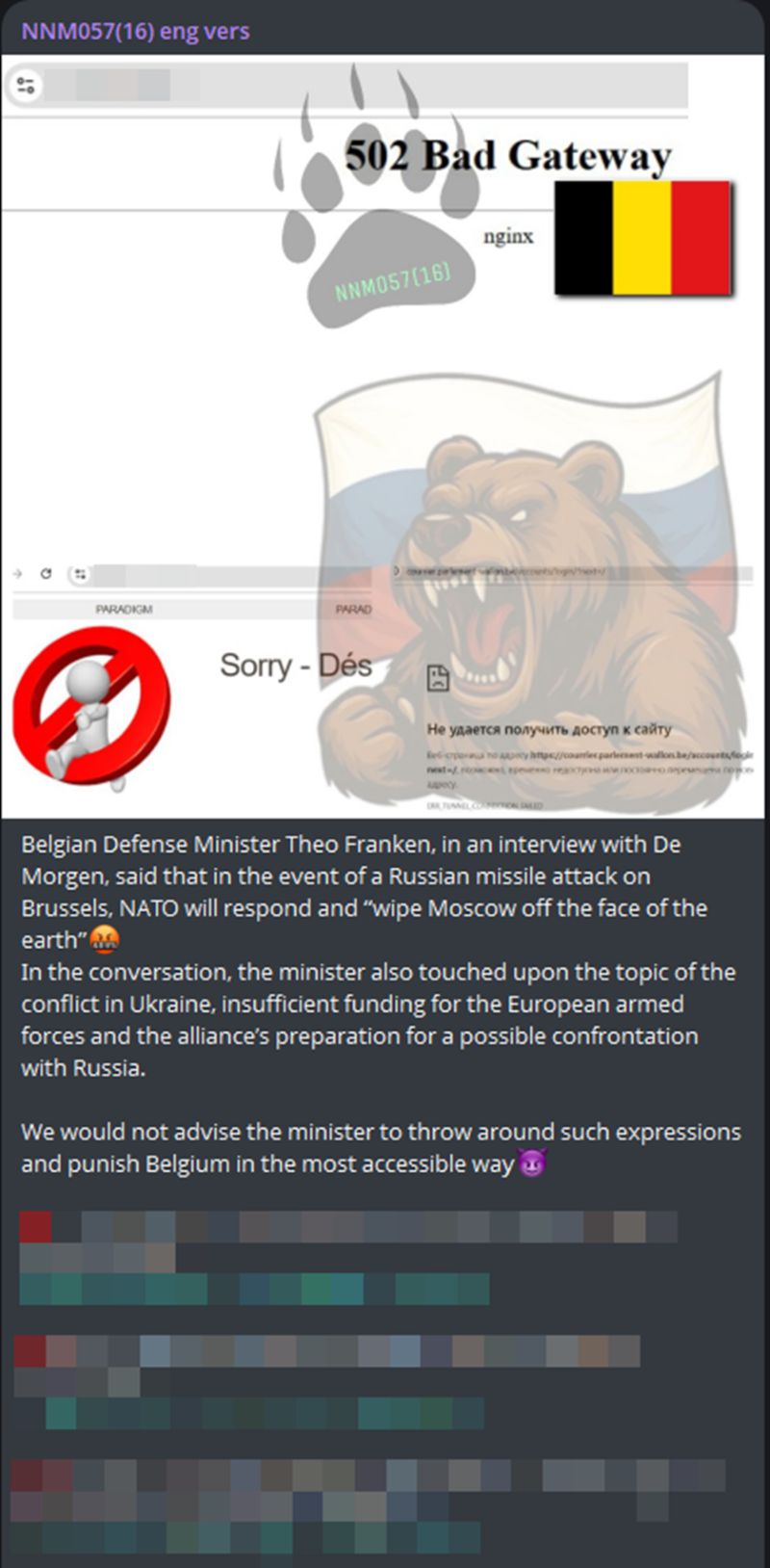 Figure 1: Message posted by NoName057(16) motivating their attack campaign targeting Belgium (source: Telegram)